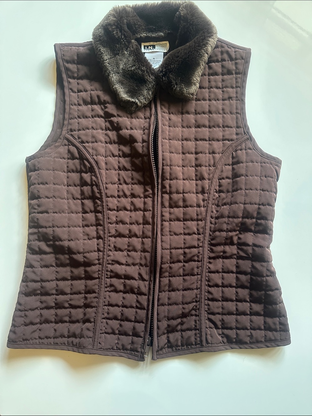 I.N. Studio Quilted Brown Vest with Faux Fur Collar